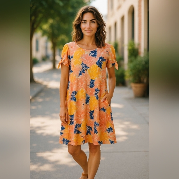 Caribbean Joe - Tropical Floral Pattern, Short Sleeve W/ Tie Accent, Size Medium - Picture 5 of 15